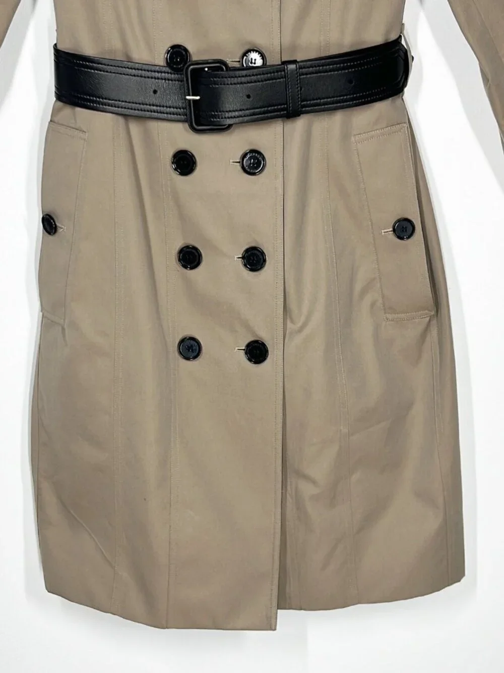 BURBERRY Beige and Black Leather Trim Women' Classic Trench Coat Size US 8 - Picture 4 of 13